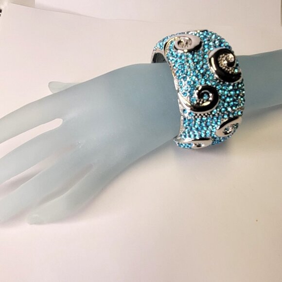 Sparkling Blue and Silver tone Cuff Bangle Bracelet - Picture 2 of 15